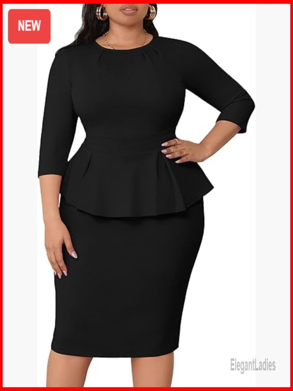 Plus Size Peplum Pencil Dress - 3/4 Sleeve Business Office Work